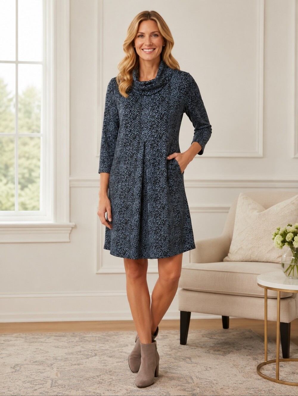 Tyler Boe Kim Cowl Neck Shift Dress Blue And Black Size Small